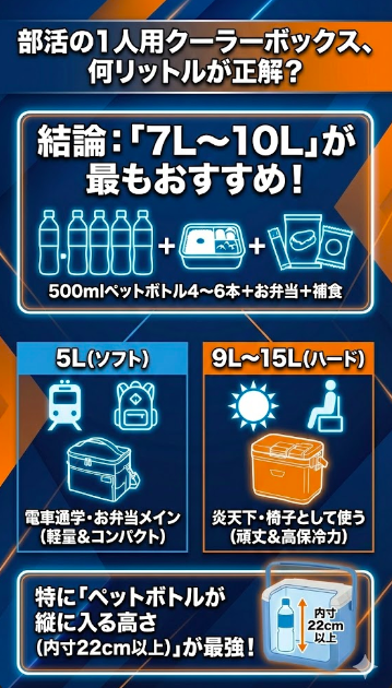 部活クーラーボックスの容量目安とリットル数の正解図解。7L・10L・15Lそれぞれのサイズに入る500mlペットボトルと弁当箱の本数・量を比較解説。