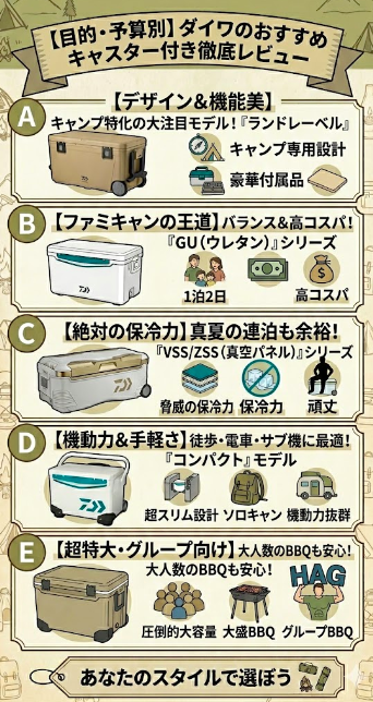 「【目的・予算別】ダイワのおすすめキャスター付きクーラーボックス徹底レビュー」というタイトルのインフォグラフィック。ダイワのクーラーボックスを目的や特徴に合わせて5つのカテゴリーで紹介。A:デザインと機能美を両立したキャンプ専用設計「ランドレーベル」。B:バランスとコスパが良いファミキャンの王道「GU(ウレタン)シリーズ」、1泊2日に最適。C:真夏の連泊も余裕な絶対の保冷力「VSS/ZSS(真空パネル)シリーズ」、脅威の保冷力と頑丈さ。D:徒歩や電車、ソロキャンに最適な機動力抜群の「コンパクトモデル」、超スリム設計。E:大人数のBBQやグループ向け「圧倒的大容量モデル」。最後に「あなたのスタイルで選ぼう」と記載。各カテゴリーのクーラーボックスの実物画像や特徴を表すアイコンが配置されている。