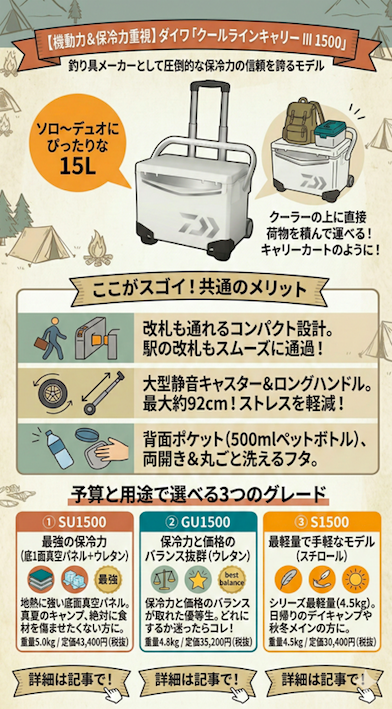 ダイワ「クールラインキャリー III 1500」の紹介図解。釣り具メーカーの圧倒的な保冷力、ソロ・デュオに最適な15L、クーラー上に荷物を積める機動力、駅改札も通れるコンパクト設計、大型静音キャスター&ロングハンドル、背面ポケット、両開きで丸洗い可能なフタ、保冷力(断熱材)で選べる3つのグレード(SU1500, GU1500, S1500)の重量と定価(税抜)をアイコンとテキストで説明。