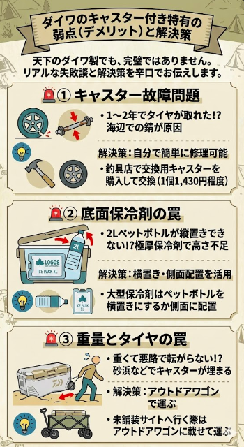 ダイワのキャスター付きクーラーボックス特有の弱点と解決策をまとめたインフォグラフィック。3つの主要なデメリットであるキャスター故障、底面保冷剤による高さ不足、重量による移動の困難さについて、それぞれの「リアルな失敗談」と「💡解決策」をアイコンと簡潔なテキストで解説。最後に「あなたのスタイルに最適な一台を!」と締めくくる。