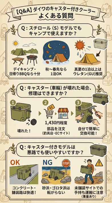 ダイワのキャスター付きクーラーボックスに関するよくある質問をまとめたQ&A図解。
スチロールモデルの使用目安:日帰りやデイキャンプ、涼しい季節なら1泊OK、真夏の1泊以上はウレタンモデル推奨(イラストとSTOPアイコンで表現)。
キャスターの修理:壊れたキャスターは釣具店やECサイトで部品(約1,430円)を注文し、自分で簡単に交換できる(1から3のステップで表現)。
悪路での使いやすさ:舗装路やコンクリートは快適だが、砂浜やゴロタ浜は転がらない(NGイラストとSTOPアイコン)。未舗装地での手持ち運搬は重量に注意(苦労する人のイラストと注意アイコン)。
