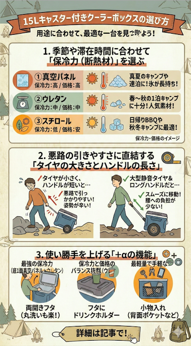 「15Lキャスター付きクーラーボックスの選び方」を解説するインフォグラフィック。用途に合わせて最適な一台を見つけるための3つのポイントを、イラストとテキストで分かりやすくまとめています。
季節や滞在時間に合わせて「保冷力(断熱材)」を選ぶ: 真空パネル(保冷力:高/価格:高、真夏の連泊に)、ウレタン(保冷力:中/価格:中、1泊キャンプに)、スチロール(保冷力:低/価格:安、デイキャンプに)の3つの素材を比較。
悪路の引きやすさに直結する「タイヤの大きさとハンドルの長さ」: 「タイヤが小さく、ハンドルが短い」場合(悪路で引っかかり、姿勢が辛い)と、「大型静音タイヤ&ロングハンドル」の場合(スムーズに移動、腰への負担が少ない)をイラストで比較。
使い勝手を上げる「+αの機能」: 「両開きフタ(丸洗いも楽!)」、「フタにドリンクホルダー」、「小物入れ(背面ポケットなど)」を具体的に紹介。