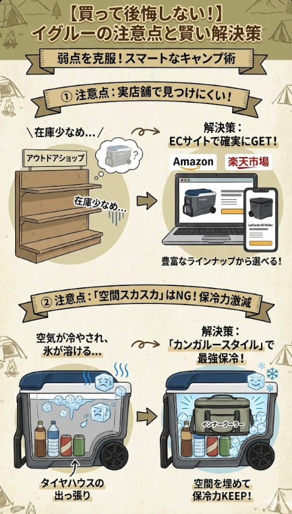 イグルーのキャスター付きクーラーボックスを買って後悔しないための注意点と解決策の図解。実店舗で見つけにくい場合はAmazonや楽天市場などのECサイトでの購入を推奨。また、内部空間がスカスカだと保冷力が落ちるため、ソフトクーラーを中に入れる「カンガルースタイル」で空間を埋め、タイヤハウスの出っ張りを避けつつ保冷力をキープするパッキング術を解説しています。
