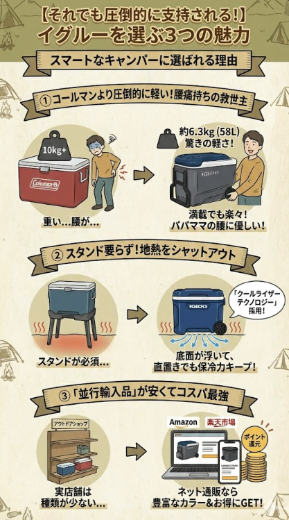 「それでも圧倒的に支持される！イグルーを選ぶ3つの魅力」と題した図解。1つ目は「コールマンより圧倒的に軽い！」として、重い競合製品と比較し、約58Lで約6.3kgという軽さが腰痛持ちのパパママの救世主になることを説明。2つ目は「スタンド要らず！地熱をシャットアウト」として、底面が浮く「クールライザーテクノロジー」により直置きでも保冷力をキープできることを図示。3つ目は「並行輸入品が安くてコスパ最強」として、実店舗よりもAmazonや楽天市場などのネット通販の方が種類が豊富で、ポイント還元もありお得に購入できることを解説している。