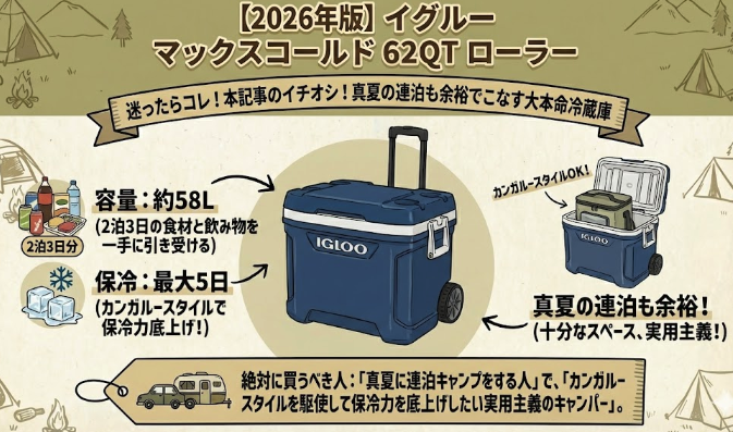 【2026年版】イグルー マックスコールド 62QT ローラーの図解。容量約58L、最大5日保冷。カンガルースタイルも可能で、真夏の連泊キャンプも余裕でこなす大容量モデル。筆者イチオシの大本命冷蔵庫。