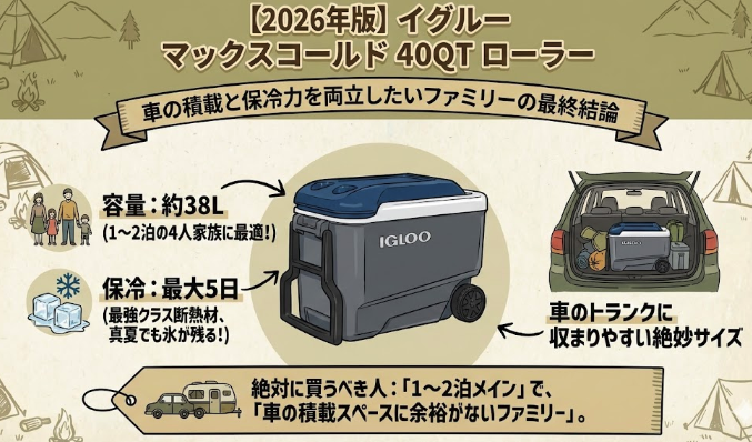 【2026年版】イグルー マックスコールド 40QT ローラーの図解。容量約38L、最大5日保冷。1〜2泊の4人家族に最適で、車の積載と保冷力を両立したいファミリーにおすすめのクーラーボックス。