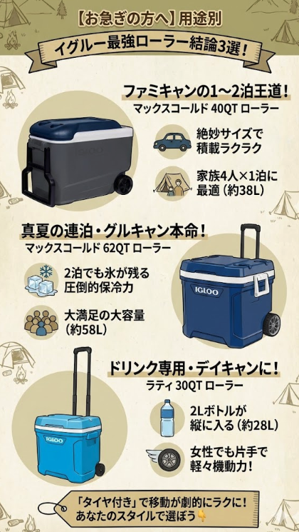 【2026年版】用途別イグルーキャスター付きクーラーボックスおすすめ3選の比較図解。ファミキャン王道「マックスコールド 40QT」（約38L、積載容易）、真夏の連泊・グルキャン本命「マックスコールド 62QT」（約58L、高保冷力）、ドリンク専用・デイキャン「ラティ 30QT」（約28L、2Lペットボトル縦入れ、軽量）の3モデルの特徴を写真とアイコンで分かりやすく解説。