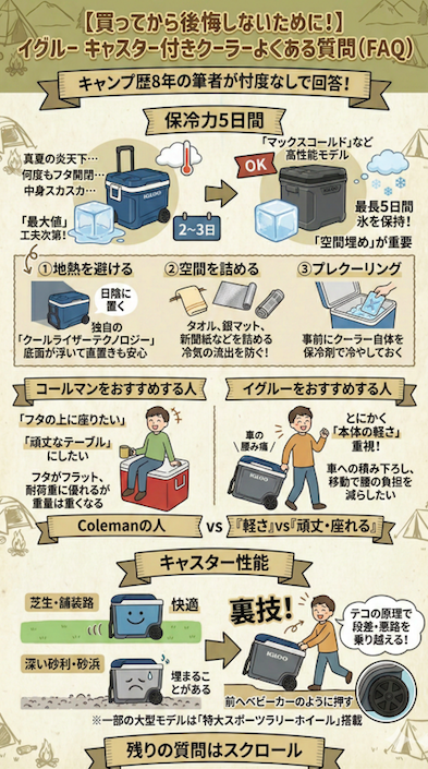 「買ってから後悔しないために!イグルー キャスター付きクーラーよくある質問(FAQ)」と題した図解の前編。キャンプ歴8年の筆者が回答。1つ目は「保冷力5日間」について、真夏の炎天下など環境次第で2〜3日になることや、「日陰に置く」「空間を詰める」「プレクーリング」といった保冷力を長持ちさせるプロのコツを解説。2つ目は「コールマンとの比較」で、軽さ重視ならイグルー、頑丈さ・座れること重視ならコールマンがおすすめであることを図示。3つ目は「キャスター性能」で、悪路での裏技として前へベビーカーのように押す方法を紹介している。一番下には「残りの質問はスクロール」の文字。
