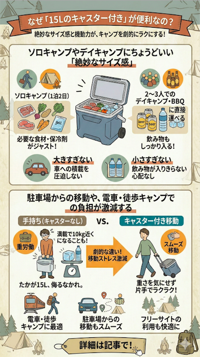 「なぜ『15Lのキャスター付き』が便利なの? 絶妙なサイズ感と機動力がキャンプを劇的にラクにする!」というタイトルで、15Lのキャスター付きクーラーボックスのメリットを解説する図解。
上部では「絶妙なサイズ感」について説明。15Lはソロキャンプ(1泊2日)の食材や保冷剤、2〜3人でのデイキャンプ・BBQの飲み物を入れるのにジャストな容量であることをイラストで表現。「大きすぎない(車への積載を圧迫しない)」、「小さすぎない(飲み物が入りきらない心配なし)」というポイントも強調している。
下部では「駐車場からの移動や、電車・徒歩キャンプでの負担が激減する」について説明。手持ち(キャスターなし)とキャスター付き移動の比較図があり、手持ちでは10kg近くになり重労働だが、キャスター付きならスムーズ移動で重さを気にせず片手でラクラク引けるため、劇的にラクになることを示している。電車・徒歩キャンプ、駐車場からの移動、フリーサイト利用のシーン例と、「詳細は記事で!」のリンク案内も記載。
全体的にレトロで暖かみのある手描き風イラストで構成された、インフォグラフィック。