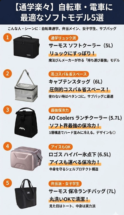自転車・電車通学に最適なソフトクーラーボックス5選図解。サーモスやロゴスなどリュックに入る軽量モデル一覧。女子学生やお弁当メインのサブバッグとしておすすめ。