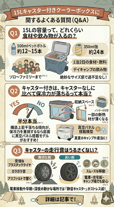 「15Lキャスター付きクーラーボックスに関するよくある質問(Q&A)」を解説するインフォグラフィック。手描き風イラストとテキストで、容量、保冷力、走行音についての3つのQ&Aをまとめています。
Q1「15Lの容量って、どれくらい食材や飲み物が入るの?」: 500mlペットボトル約12〜15本、350ml缶約24本 が入る目安をイラストで示し、ソロキャンプ(1泊2日)の食材・飲料や、ファミリーのデイキャンプの飲み物専用クーラーとして過不足のない「絶妙なサイズ感」であることを説明。
Q2「キャスター付きは、キャスターなしに比べて保冷力が落ちるって本当?」: 半分本当。断面図を用いて、タイヤやハンドルの収納スペース確保のために「一部の断熱材が薄くなる」傾向があることを解説。対策として、真夏のキャンプや連泊には底面に真空パネルを搭載した高スペックモデル(例:ダイワ製品)がおすすめであることを伝えています。
Q3「キャスターの走行音はうるさくない?」: 安価なプラスチックタイヤと静音キャスターをイラストで比較。プラスチックタイヤはガラガラとアスファルトで響く が、静音キャスターならスムーズに移動でき、電車、住宅街、キャンプ場でも安心でストレスが少ないことを説明。