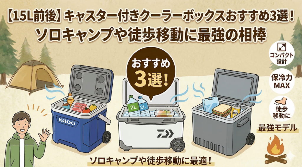 【15L前後】キャスター付きクーラーボックスおすすめ3選を比較するキャンプブログ用アイキャッチ画像。笑顔の男性キャンパーの横に、冷気の立ち上る3つの小型クーラーボックス（左からIGLOO、DAIWA、グレー）が並び、中身（ペットボトル、肉、サンドイッチなど）が冷えている様子。右側には「コンパクト設計」「保冷力MAX」の機能アイコン。背景はテントとたき火のある自然豊かなキャンプ場。下部には「ソロキャンプや徒歩移動に最適！」のテキスト。