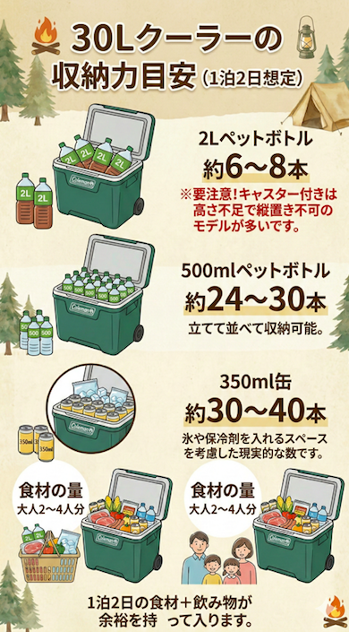 「30Lクーラーボックスの収納力目安（1泊2日想定）を解説するインフォグラフィック。Colemanのクーラーボックスに、2Lペットボトル約6～8本、500mlペットボトル約24～30本、350ml缶約30～40本、大人2～4人分の食材が収納されているイラスト。2Lペットボトルはキャスター付きモデルでは縦置き不可の場合があるという注意書き付き。1泊2日の食材と飲み物が余裕で入ることを示している。」