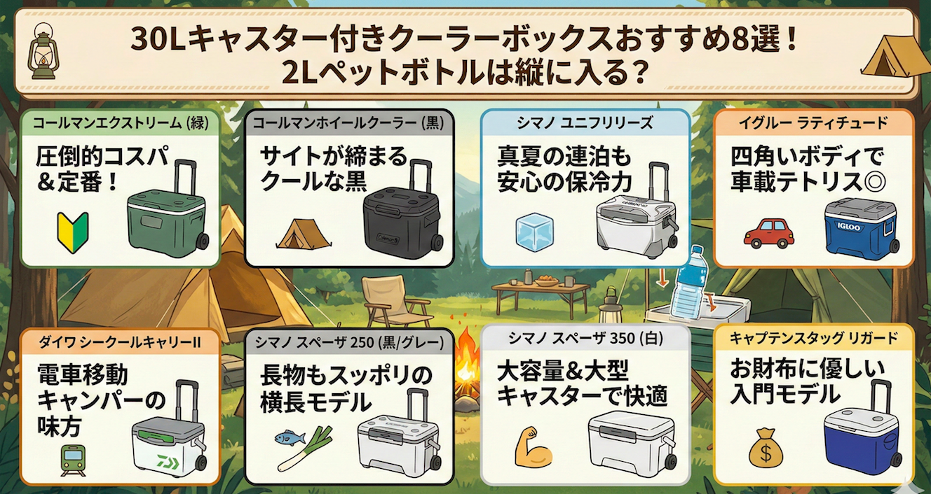 ブログ記事用の横長アイキャッチ画像。 タイトルは「30Lキャスター付きクーラーボックスおすすめ8選！ 2Lペットボトルは縦に入る？」と記載されています。 背景は、テント、焚き火、テーブル、椅子などが置かれた、森の中のキャンプ場のイラストです。 中央には、8種類の異なるキャスター付きクーラーボックスが、2段×4列のグリッド形式で、イラストとテキストで紹介されています。 コールマン、シマノ、イグルー、ダイワ、キャプテンスタッグの製品が並び、それぞれの特徴を簡潔に表すキャッチフレーズとアイコン（圧倒的コスパ、クールな黒、真夏の連泊、車載テトリス、電車移動、横長モデル、大容量、入門モデル）が付いています。