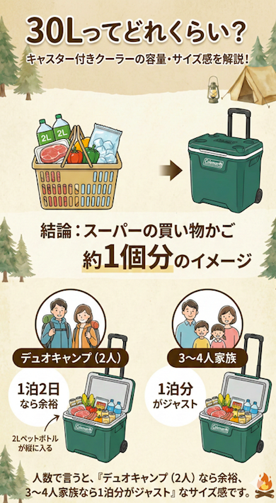 30Lキャスター付きクーラーボックスの容量とサイズ感を解説するインフォグラフィック。タイトルは「30Lってどれくらい？ キャスター付きクーラーの容量・サイズ感を解説！」。結論として、スーパーの買い物かご約1個分で、デュオキャンプ（2人）なら1泊2日で余裕、3〜4人家族なら1泊分がちょうど良いサイズであることを、イラストとテキストで説明。2Lペットボトルが縦に入る様子も示されている。