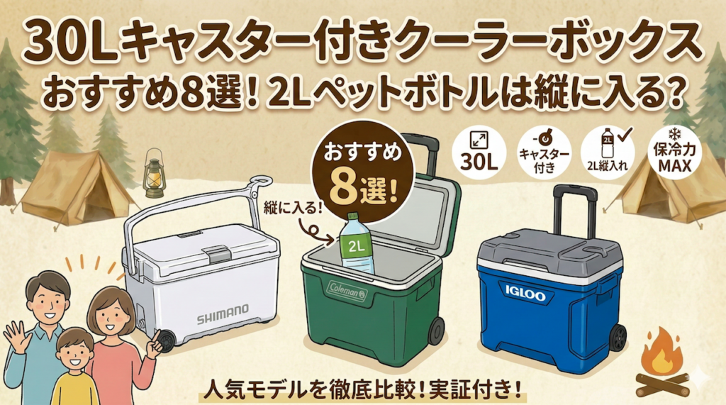 30Lキャスター付きクーラーボックスの比較イラスト。シマノ（白）、蓋が開いて2Lペットボトルが縦に入っているコールマン（緑）、イグロー（青）の3つのクーラーボックスと、キャンプ場の背景、笑顔の家族、機能アイコン（30L、キャスター付き、2L縦入れ、保冷力MAX）が描かれている。上部にタイトルテキスト「30Lキャスター付きクーラーボックスおすすめ8選！2Lペットボトルは縦に入る？」が配置。