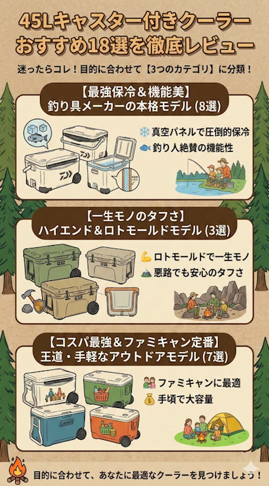 迷った時の18選！45Lキャスター付きクーラーを目的別の3カテゴリ（最強保冷＆機能美、一生モノのタフさ、コスパ最強＆ファミキャン定番）で比較するレトロ風インフォグラフィック。「釣り具メーカーの本格モデル」、「ハイエンド＆ロトモールドモデル」、「王道・手軽なアウトドアモデル」それぞれの特徴と利用シーンが、Coleman、Daiwa、Yeti風のクーラーイラストや、釣り人、家族キャンプなどの挿絵とともに紹介されている。「真空パネル」「ロトモールド」「ファミキャン」などのキーワードと具体的な数値がパッと見てわかるデザイン。下部には「目的に合わせて最適なクーラーを見つけましょう！」というメッセージがある。