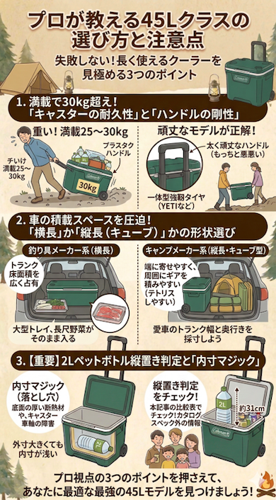 プロが教える45Lクーラーボックスの選び方と注意点を3つのポイントで解説するインフォグラフィック。1. キャスターの耐久性とハンドルの剛性（満載30kg超えへの対応、頑丈なモデルや2人での持ち運び推奨）。2. 車への積載形状（『横長（釣り具系）』か『縦長キューブ型（キャンプ系）』の選択、テトリスしやすい形状）。3. 2Lペットボトルの縦置き判定と『内寸マジック』（断熱材や車軸による内寸の減少への注意、縦置き可能かチェック）。これらのポイントを踏まえて最適なモデルを見つけるよう呼びかける。
