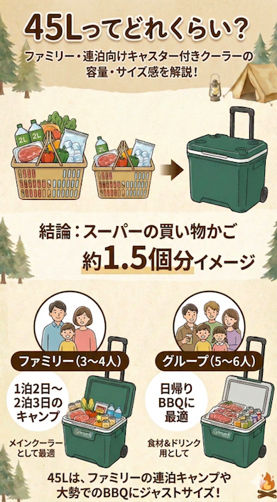 45Lキャスター付きクーラーボックスの容量とサイズ感を解説するインフォグラフィック。「結論：スーパーの買い物かご 約1.5個分イメージ」として、買い物カゴとクーラーボックスの比較イラストを掲載。下部では、ファミリー（3〜4人）の1泊2日〜2泊3日キャンプ、およびグループ（5〜6人）の日帰りBBQそれぞれの収納例をイラストで具体的に紹介している。