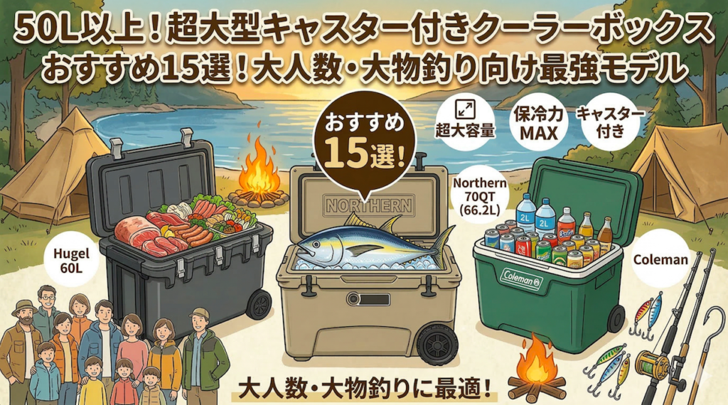 「50L以上！超大型キャスター付きクーラーボックスおすすめ15選！大人数・大物釣り向け最強モデル」のアイキャッチ画像。キャンプ場と海を背景に、Hugel、FIELDOOR、コールマンの大型キャスター付きクーラーボックスが並んでおり、中には大量の食材、巨大な魚、たくさんの飲み物が入っているイラスト。大人数のグループや釣り道具も描かれています。