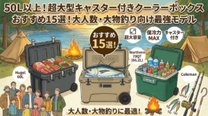「50L以上！超大型キャスター付きクーラーボックスおすすめ15選！大人数・大物釣り向け最強モデル」のアイキャッチ画像。キャンプ場と海を背景に、Hugel、FIELDOOR、コールマンの大型キャスター付きクーラーボックスが並んでおり、中には大量の食材、巨大な魚、たくさんの飲み物が入っているイラスト。大人数のグループや釣り道具も描かれています。