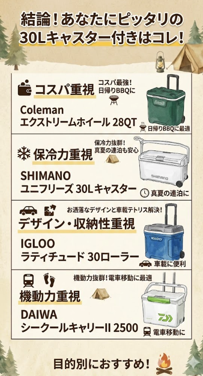 「30Lキャスター付きクーラーボックスのおすすめ4選を目的別に比較した図解。Coleman（コスパ重視・日帰りBBQ）、SHIMANO（保冷力重視・真夏の連泊）、IGLOO（デザイン・収納性重視・車載）、DAIWA（機動力重視・電車移動）を、アイコン、短いフレーズ、製品画像で分かりやすく紹介。」