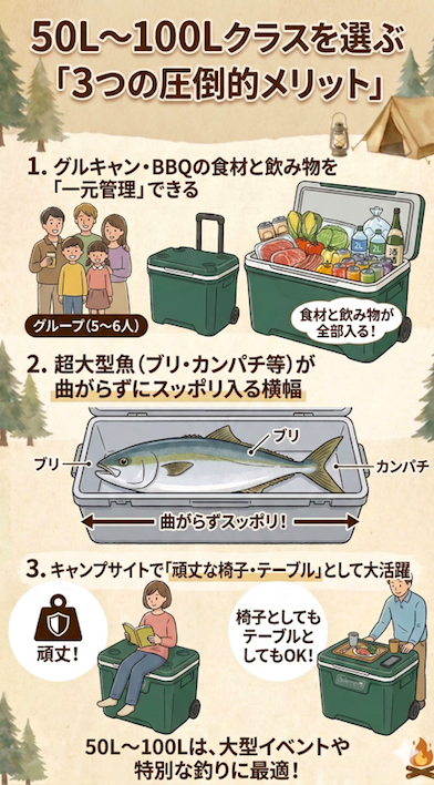 50L〜100Lクラスの大型クーラーボックスを選ぶ3つのメリット（1.食材と飲み物の一元管理、2.大型魚がそのまま入る横幅、3.頑丈な椅子やテーブルとしての活用）を解説した図解。