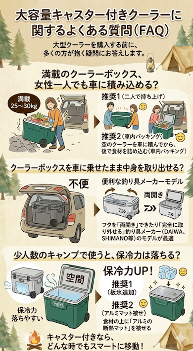大容量キャスター付きクーラーの選び方と使い方に関するFAQをまとめたイラストインフォグラフィック。松の木やテントが描かれたキャンプ場を背景に、3つのよくある疑問に回答しています。

「満載のクーラーボックス、女性一人でも車に積み込める？」： 満載で25~30kgになる不便な状況から、二人での持ち上げや、空の状態で積んでから中身を詰める「車内パッキング」を推奨。

「クーラーボックスを車に乗せたまま中身を取り出せる？」： 不便なクーラーと、両開きや蓋が外せる便利な釣り具メーカー（DAIWA、SHIMANO等）モデルを比較。

「少人数のキャンプで使うと、保冷力は落ちる？」： 空間があると保冷力が落ちやすいことを説明し、板氷の追加や食材の上にアルミ断熱マットを被せることで保冷力をUPさせる解決策を紹介。

下部には「キャスター付きなら、どんな時でもスマートに移動！」というメッセージがあります。