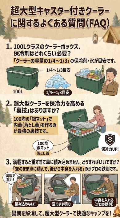 超大型キャスター付きクーラーに関するよくある質問（FAQ）をまとめた図解。100Lクラスに必要な保冷剤の目安（容量の1/4〜1/3）、100均の銀マットを使った保冷力アップの裏技、重いクーラーボックスを車に積み込むコツ（空のまま積んで後から中身を入れる）の3つのポイントをイラスト付きで分かりやすく解説しています。