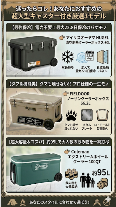 キャスター付き超大型クーラーボックス厳選3モデル（アイリスオーヤマ HUGEL、FIELDOOR、コールマン）の比較図解