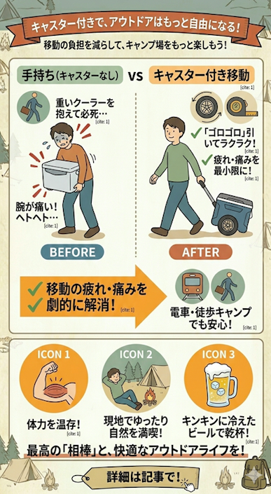 「キャスター付きで、アウトドアはもっと自由になる! 移動の負担を減らして、キャンプ場をもっと楽しもう!」というタイトルで、キャスター付きクーラーボックスのメリットを解説する図解。中央では、重いクーラーを必死に抱えて腕が痛くなる「手持ち(キャスターなし)」のBEFORE(ビフォー)と、「ゴロゴロ」引いてラクラク移動できる「キャスター付き移動」のAFTER(アフター)を比較。キャスター付きなら移動の疲れ・痛みを劇的に解消でき、電車・徒歩キャンプでも安心であることを示している。下部では、ICON 1(体力を温存!)、ICON 2(現地でゆったり自然を満喫!)、ICON 3(キンキンに冷えたビールで乾杯!)の3つの具体的なメリットをアイコンとイラストで紹介。全体的にレトロで暖かみのある手描き風イラストで構成されたインフォグラフィック。