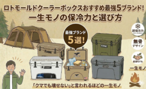 ロトモールド製クーラーボックスのおすすめ5ブランドを紹介するインフォグラフィック。キャンプ場を背景に、YETI、ORCA、HANTなどのクーラーボックス、テント、人物、焚き火のイラストが描かれ、「最強ブランド5選！一生モノの保冷力と選び方」という見出しや、保冷力、デザインに関する特徴がアイコンと日本語テキストで解説されています。