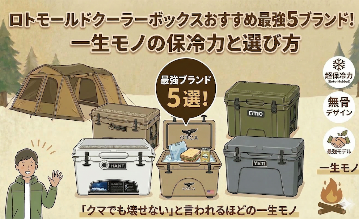 ロトモールド製クーラーボックスのおすすめ5ブランドを紹介するインフォグラフィック。キャンプ場を背景に、YETI、ORCA、HANTなどのクーラーボックス、テント、人物、焚き火のイラストが描かれ、「最強ブランド5選！一生モノの保冷力と選び方」という見出しや、保冷力、デザインに関する特徴がアイコンと日本語テキストで解説されています。
