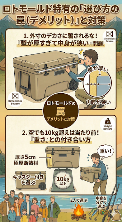 ロトモールド構造クーラーボックス特有のデメリットと対策を図解。「壁が厚いため外寸の割に中身が狭い問題」と「空でも10kgを超える重さへの付き合い方（キャスター付きを選ぶ、2人で運ぶなど）」について解説したイラスト。