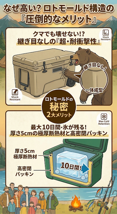 ロトモールド構造クーラーボックスのメリットを図解。「クマでも壊せない継ぎ目なしの超・耐衝撃性」と「最大10日間氷が残る厚さ5cmの極厚断熱材・高密閉パッキン」について解説したイラスト。