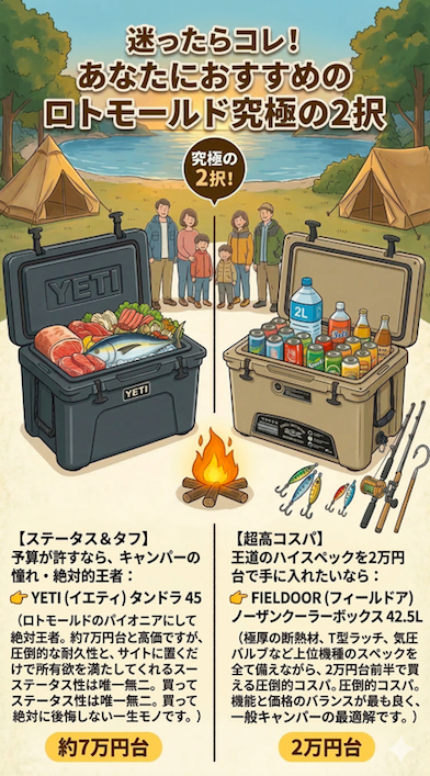 ロトモールドクーラーボックス究極の2択。キャンパーの憧れYETI（イエティ）タンドラ45と、超高コスパのFIELDOOR（フィールドア）ノーザンクーラーボックス42.5Lの比較図解。