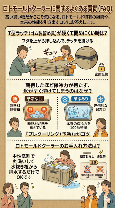 「ロトモールドクーラーに関するよくある質問 (FAQ) のインフォグラフィック。T型ラッチの閉め方、保冷力を高める予冷のコツ、丸洗いのお手入れ方法と注意点をイラストで解説。」