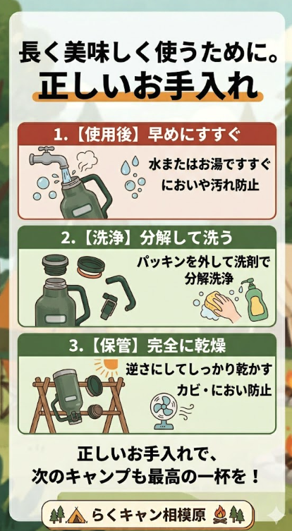 グロウラーを長く美味しく使うための正しいお手入れ方法3ステップ。1.使用後は早めにお湯ですすぐ、2.パッキンを外して分解洗浄する、3.逆さにして内部まで完全に乾燥させる。
