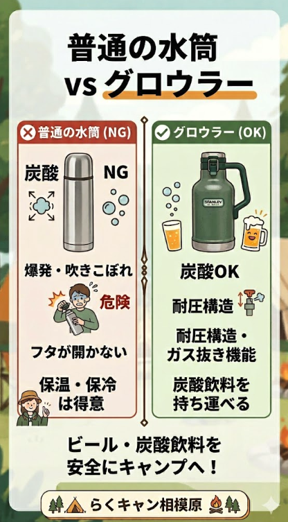 普通の水筒とグロウラーの違いを比較した図解。普通の水筒は炭酸ガスで吹きこぼれの危険があるが、グロウラーは耐圧構造とガス抜き機能で安全に炭酸飲料を持ち運べる。