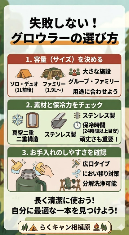 失敗しないキャンプ向けグロウラーの選び方3ステップ。1.人数に合わせた容量を選ぶ、2.真空二重構造のステンレス製を選ぶ、3.広口など洗いやすい構造を選ぶ。