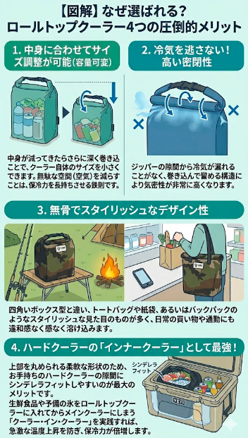 【図解】なぜ選ばれる？ロールトップクーラー4つの圧倒的メリット。1. 中身に合わせて高さを変え『サイズ調整（容量可変）』が可能。2. ジッパーの隙間がないため『冷気を逃さない高い密閉性』。3. 無骨でスタイリッシュなデザインで買い物や通勤にも溶け込む『デザイン性』。4. ハードクーラー内にシンデレラフィットし最強のインナークーラーになる『保冷力倍増』。これら4つの特徴をキャンプや日常使いのイラスト付きで解説。