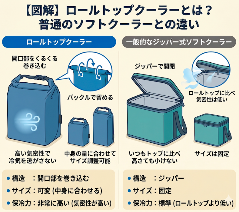 【図解】ロールトップクーラーとは？普通のソフトクーラーとの違い。左側にロールトップ（巻き込み・バックル留め構造）、右側に一般的なジッパー式ソフトクーラーを配置。ロールトップは『高い気密性』『サイズ調整可能（可変）』が特徴。ジッパー式は『気密性が低い』『サイズ固定』と、両者の構造的違いと保冷力の差をイラストで視覚的に比較。下部には構造、サイズ、保冷力（可変 vs 固定）のまとめ表を記載。