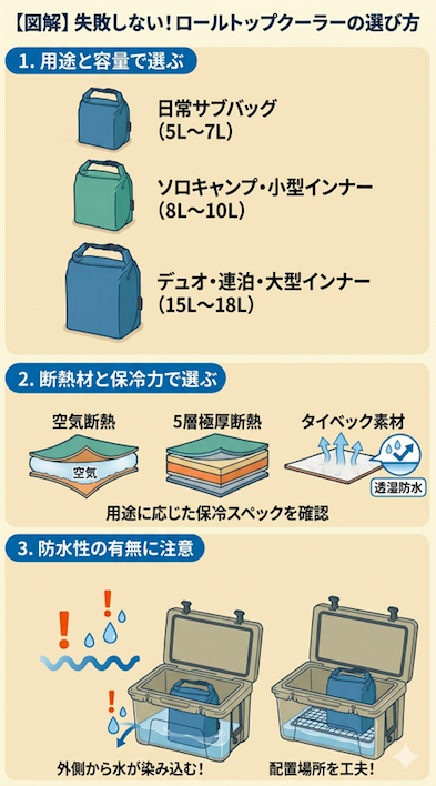 【図解】失敗しない！ロールトップクーラーの選び方。3つの基準をイラスト付きで解説。1. 『用途と容量』：日常サブ (5-7L)、ソロ (8-10L)、デュオ・連泊 (15-18L)の目安。2. 『断熱材と保冷力』：空気断熱、5層極厚、タイベック（透湿防水）の構造比較と保冷スペックの確認。3. 『防水性の有無』：ハードクーラー内の氷水（ドブ漬け）による外側からの水染み込みリスクと配置の工夫の注意点。