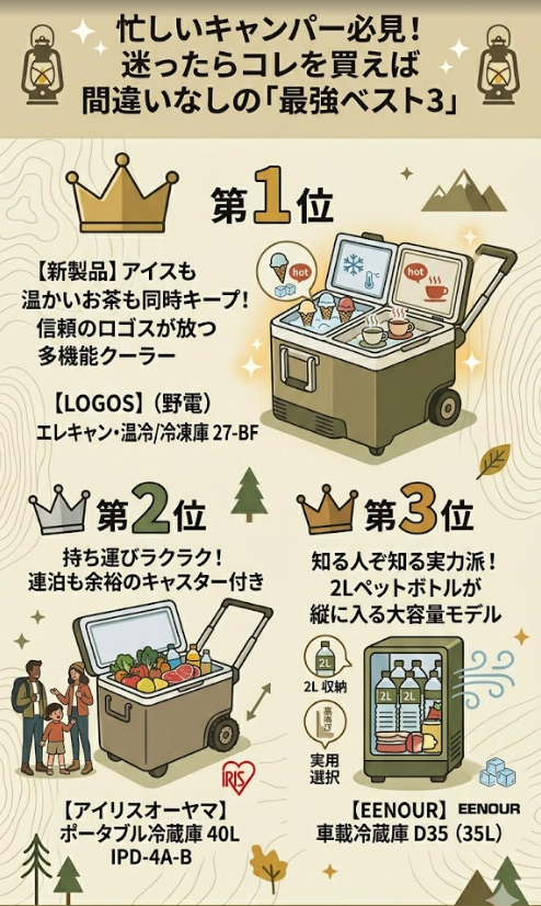 「忙しいキャンパー必見！迷ったらコレを買えば間違いなしの「最強ベスト3」」の図解。アースカラーを基調とした洗練されたフラットベクトルイラストで、3つの製品がランキング形式で紹介されています。
👑 第1位：【LOGOS】（野電）エレキャン・温冷/冷凍庫 27-BF。特徴テキストは「【新製品】アイスも温かいお茶も同時キープ！信頼のロゴスが放つ多機能クーラー」。イラストは仕切りで左右が「冷凍・保冷（アイス）」と「保温（温かいお茶）」に分かれており、同時使用が可能なこと、大型ホイールが付いていることが描写されています。
👑 第2位：【アイリスオーヤマ】ポータブル冷蔵庫 40L IPD-4A-B。特徴テキストは「持ち運びラクラク！連泊も余裕のキャスター付き」。イラストはキャスターと伸縮ハンドル付きで、中にファミリーキャンプ向けの食材（肉、野菜、飲み物）が満載されている様子が描写されています。
👑 第3位：【EENOUR】車載冷蔵庫 D35（35L）。特徴テキストは「知る人ぞ知る実力派！2Lペットボトルが縦に入る大容量モデル」。イラストはキャスターなしのモデルで、中に2Lペットボトルが複数本縦に入り、デッドスペースが少ない実用的な様子が描写されています。