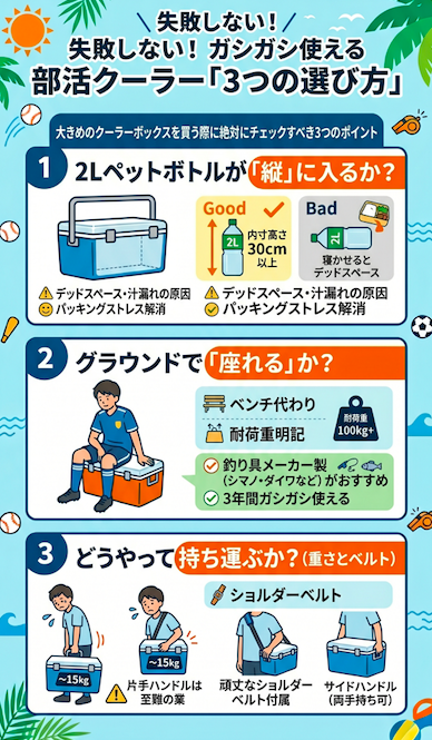 失敗しない部活向け大きめクーラーボックスの選び方を解説した図解。購入時にチェックすべき3つのポイントとして、1. 2Lペットボトルが「縦」に入るか（デッドスペースを防ぐ内寸高さ30cm以上）、2. グラウンドで「座れる」か（ベンチ代わりになる耐荷重・釣り具メーカー製推奨）、3. どうやって持ち運ぶか（重さ15kgでも運べるショルダーベルトや両手持ち用サイドハンドル）をイラストで比較・解説しています。