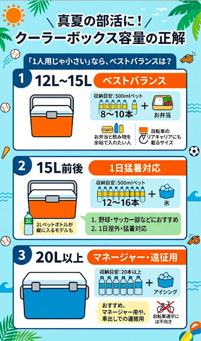 真夏の部活に最適なクーラーボックスの容量目安を解説した比較図解。「1人用じゃ小さい」と悩む人向けに、12L〜15L（お弁当と飲み物のベストバランス・自転車可）、15L前後（1日猛暑対応・2L縦置き可）、20L以上（マネージャーや遠征用・自転車不可）の3サイズについて、500mlペットボトルの収納目安や用途を比較しています。