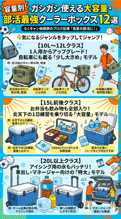 「らくキャン相模原」のブログ記事「真夏の部活に！」を基に、部活動に最適なクーラーボックスを容量別に紹介する縦長インフォグラフィック。
アクティブなスポーツやアウトドアを楽しむファミリー層向けのデザイン。
「容量別！ガシガシ使える大容量・部活最強クーラーボックス 12選」のタイトルと共に、3つの容量クラス（【10L〜12Lクラス】自転車対応・少し大きめモデル、【15L前後クラス】お弁当・飲み物全部入り・1日練習用モデル、【20L以上クラス】アイシング氷対応・車出し・マネージャー向け特大モデル）の特徴、使用例、最適なモデル（ハードタイプ、キャスター付きなど）をイラストと日本語テキストで解説している。