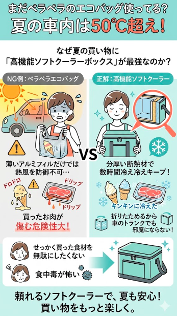 真夏の炎天下、車内は50℃超え。薄いアルミのエコバッグではアイスが溶け生鮮食品が傷むNG例と、分厚い断熱材の高機能ソフトクーラーなら冷え冷えキープ、折りたためて収納も楽な正解例の対比。
