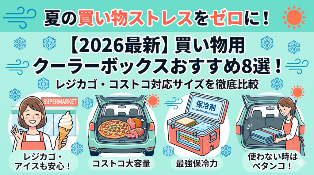「夏の買い物ストレスをゼロに！【2026最新】買い物用クーラーボックスおすすめ8選！レジカゴ・コストコ対応サイズを徹底比較」というタイトルのアイキャッチ画像。レジカゴ対応でアイスも安心な様子、コストコの大型ピザが入る大容量サイズ、保冷剤で上下を挟む最強保冷、使わない時は車のトランクにペタンコにたためる様子など、買い物に最適なソフトクーラーの4つの魅力がイラストで描かれています。