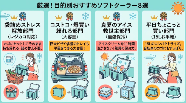 4つのカテゴリのNo.1をアワード風に紹介。袋詰めストレス解放（レジカゴ対応）、コストコ・爆買い頼れる（大容量）、真夏のアイス救世主（最強保冷）、平日ちょこっと買い（15Lクラス）。